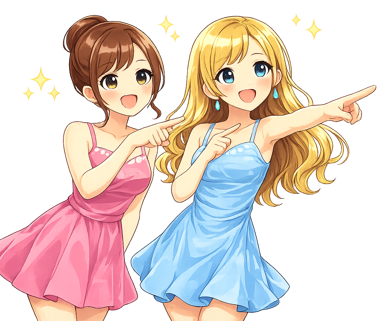 右側を指さす2人の女の子